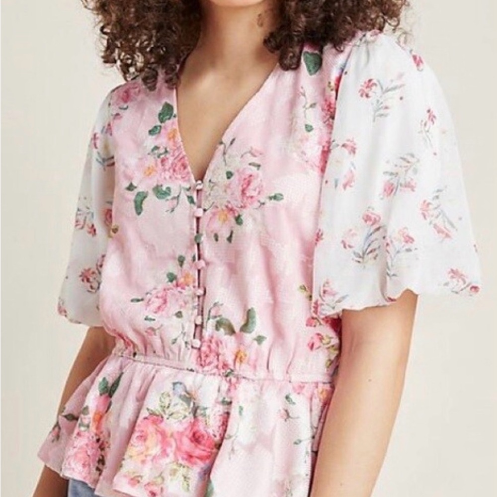 Anthropologie HEMANT & NANDITA V Neck Short Sleeve Floral Blouse Size S - Picture 10 of 10